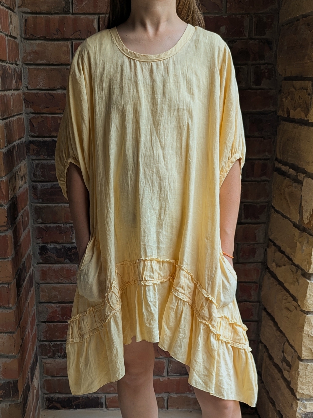B. HADIKUSUMO Lagenlook 100% Linen Ruffle Dress Butter Yellow Pockets One Size